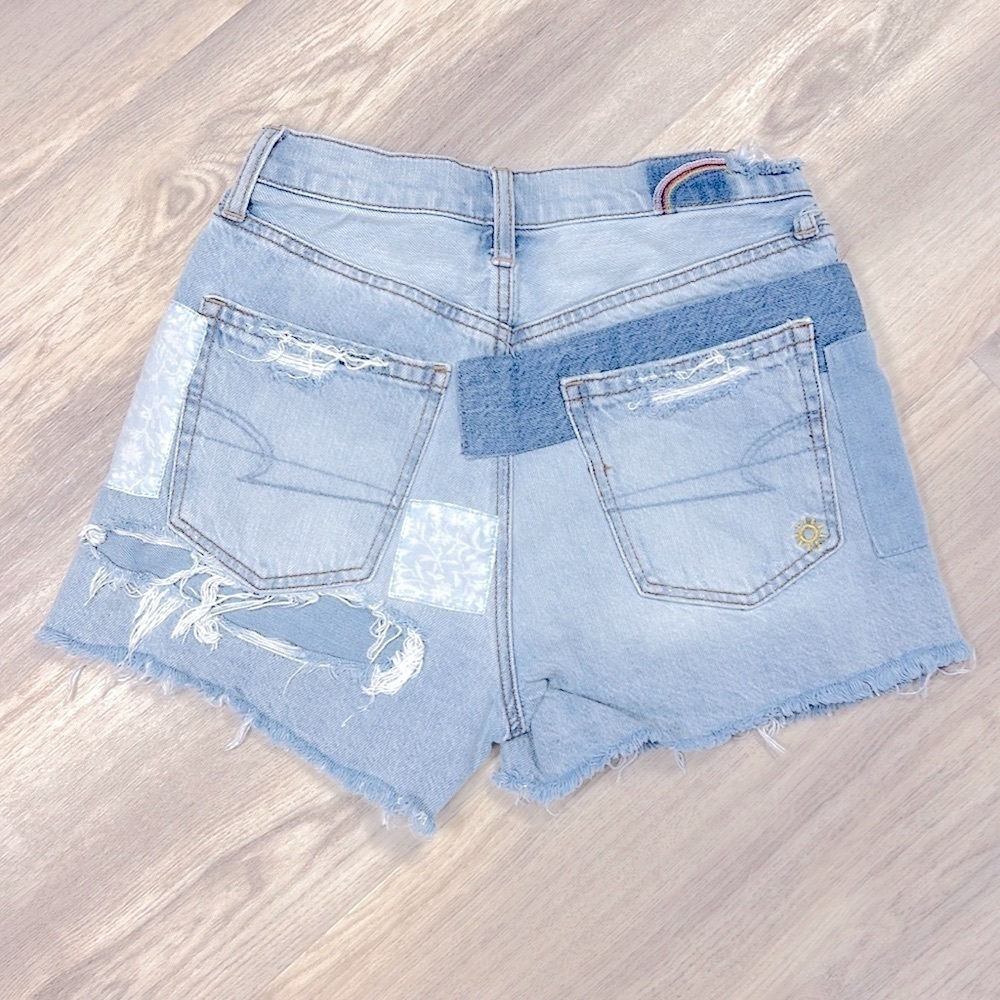 AE Embroidered Patchwork Denim High Rise 90s Boyfriend Shorts Sunshine & Rainbow